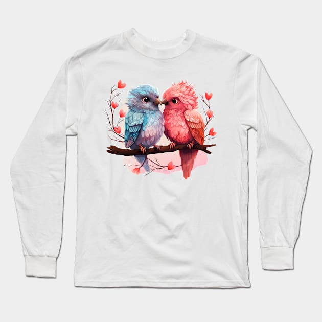 Valentine Kissing Potoo Bird Couple Long Sleeve T-Shirt by Chromatic Fusion Studio